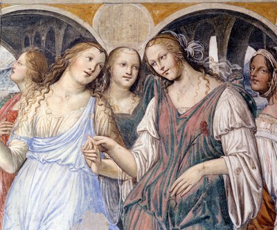 Florent lähetti prostituoituja luostariin (Florenzo lähettää kurtisaaneja pyhän Benedictin luostariin) Antonio Bazzi dit il Sodoman (1477 - 1549) toteuttaman kloosterin yksityiskohtainen fresko, joka kertoo ritarikunnan perustajan Pyhän Benedictin (480 - 5 tekijältä Giovanni Antonio Bazzi Sodoma