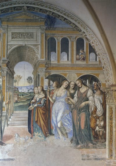 Florentius lähettää portot luostariin, kohtaus Pyhän Benedictin elämästä tekijältä Giovanni Antonio Bazzi Sodoma
