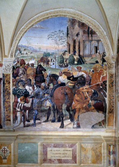 Kuinka Benedictus ennustaa Monte Cassinon tuhoa (Pyhä Benedictus ennustaa Monte Cassinon tuhoa) Yksityiskohta - Antonio Bazzi dit il Sodoma (1477 - 1549) luostarin fresko, joka kertoo Pyhän Benedictus Nursielaisen (480 - 567) elämästä fou tekijältä Giovanni Antonio Bazzi Sodoma