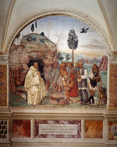 Kuinka Benedictus opettaa pyhää oppia hänen luonaan käyville talonpoikia tekijältä Giovanni Antonio Bazzi Sodoma