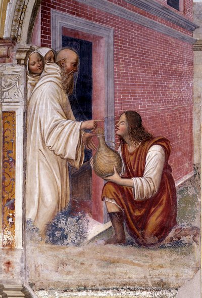 Kuinka Benedict muuttuu käärmeeksi viinipullon, jonka palvelija kätki hänelle Yksityiskohta – Antonio Bazzi dit il Sodoman (1477 - 1549) luoma fresko, joka kertoo ritarikunnan perustajan Pyhän Benedict of Nursie (480 - 567) elämästä benediktiiniläisten 150 tekijältä Giovanni Antonio Bazzi Sodoma
