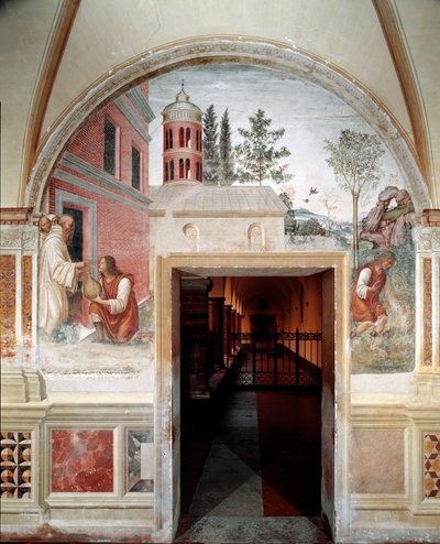 Kuinka Benedict muuttuu viinikäärmeeksi, jonka palvelija kätki hänelle Yksityiskohta – Antonio Bazzi dit il Sodoman (1477 - 1549) tekemä fresko kloosterista, joka kertoo Benedictin ritarikunnan perustajan Pyhän Benedict of Nursie (480 - 567) elämästä 1503  tekijältä Giovanni Antonio Bazzi Sodoma