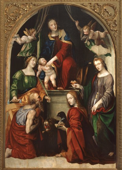 Madonna ja lapsi ja enkelit pyhien joukossa Jerome, Katariina Aleksandrialainen, Lucy ja Johannes evankelista, n. 1513 tekijältä Giovanni Antonio Bazzi Sodoma