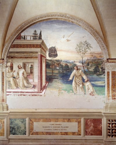 Maur kävelee veden päällä pelastaakseen St Placidin (St Maurus kävelee veden päällä pelastaakseen St Placidin) Antonio Bazzi dit il Sodoman (1477 - 1549) luostarin fresko, joka kertoo Pyhän Benedict of Nursie (480 - 567) elämästä. benediktiiniläisten ritar tekijältä Giovanni Antonio Bazzi Sodoma