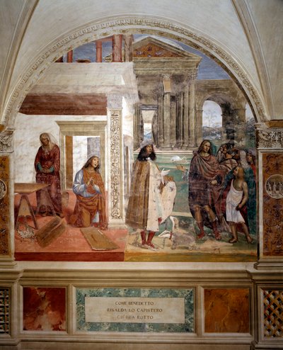 Pyhä Benedictus korjaa katkenneen seulan Kuvan keskellä taiteilijan omakuva - Antonio Bazzi dit il Sodoman (1477 - 1549) luoma fresko, joka kertoo pyhän Benedict of Nursielaisen (480 - 567) perustajan elämästä ritarikunnan määräyksestä tekijältä Giovanni Antonio Bazzi Sodoma