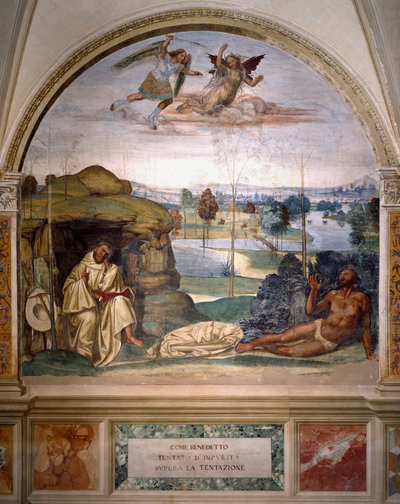 Pyhä Benedictus voittaa kiusauksen heittäytymällä alasti orjantappurapensaan, kun taas enkeli taistelee Antonio Bazzi dit il Sodoman (1477 - 1549) munkkien ruokasalin demonia vastaan, joka kertoo pyhän benediktiiniläisen (48) elämästä. tekijältä Giovanni Antonio Bazzi Sodoma