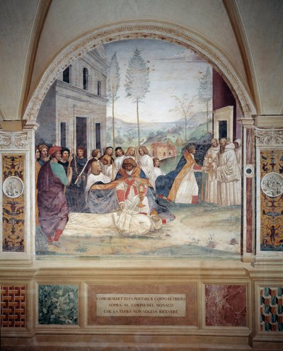 Pyhä Benedictus kantaa Kristuksen ruumista munkin ruumiin päällä, jota maa kieltäytyy hautaamasta Antonio Bazzi dit il Sodoman (1477 - 1549) luomasta freskosta, joka kertoo Pyhän Benedict of Nursielaisen (480 - 567) perustajan elämästä. Benedin ritarikunta tekijältä Giovanni Antonio Bazzi Sodoma