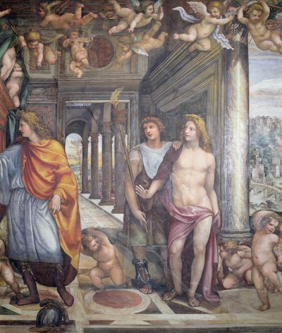 Sala delle Nozze di Alessandro e Rossana Aleksanteri Suuren avioliiton sali 356-323 eKr. ja Roxanne yksityiskohta Aleksanterista ja kahdesta miespuolisesta palvelijasta, joiden yläpuolella on putteja, n.1513 fresko yksityiskohta 10:stä tekijältä Giovanni Antonio Bazzi Sodoma