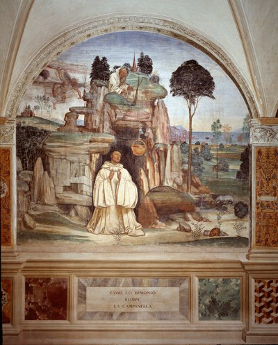 Demoni rikkoo kellon - Demoni rikkoo luostarin kellofreskon, jonka on tehnyt Antonio Bazzi dit il Sodoma (1477 - 1549), joka kertoo Benedict of Nursielaisen (480 - 567) benediktiiniritarikunnan perustajan elämästä 1503 - 1508 Monte Olivetista tekijältä Giovanni Antonio Bazzi Sodoma