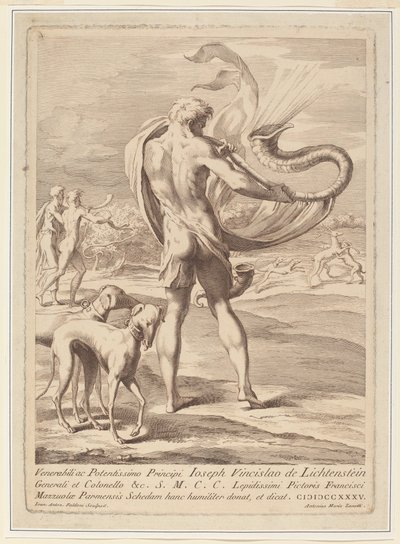 Alaston mies puhaltaa kotiloa tekijältä Giovanni Antonio Faldoni after Parmigianino
