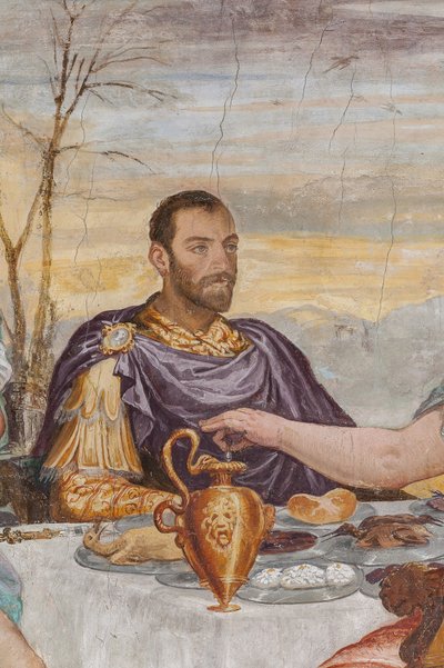 Yksityiskohta Kleopatran juhlasta, Takkahuone, n. 1560-65 (fresko) tekijältä Giovanni Antonio Fasolo