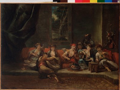 Haaremi, turkkilainen kohtaus - öljy kankaalle tekijältä Giovanni Antonio Guardi