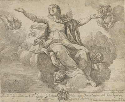 Neitsyt taivaaseenastuminen, joka istuu pilvissä kädet ojennettuina, ang..., 1685-1720. tekijältä Giovanni Antonio Lorenzini