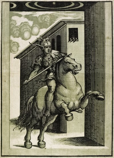 Marcus Curtius, n. 1540 (chiaroscuro-puupiirros 3 lohkosta) tekijältä Giovanni Antonio Pordenone