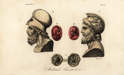 Ateenalaisten poliitikkojen Miltiades nuoremman 1,2, Themistokles 3,4 ja kuningas Pyrrhus I 5 rintakuvat ja jalokivet tekijältä Giovanni Antonio Sasso