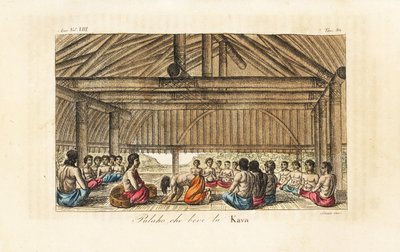 Kuningas Polaho juo kavaa longhousessa, Tonga (Ystävälliset saaret). Käsinvärinen kuparilevy, jonka Sasso on kaivertanut John Webberin mukaan Giulio Ferrarion muinaisista ja moderneista puvuista maailman kansoille, Firenze, Italia tekijältä Giovanni Antonio Sasso