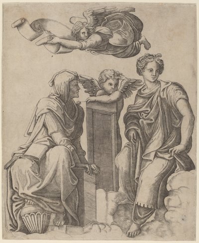 Kaksi sibylaa ja enkeli tekijältä Giovanni Antonio da Brescia after Raphael