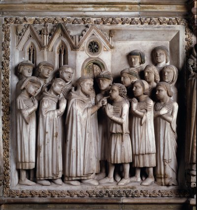 Mykkien ihme (Veronan Pyhän Pietarin elämä). yksityiskohta marmorireliefistä tekijältä Giovanni Balduccio