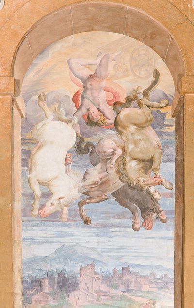 Auringon vaunut, joita Apollo sukeltaa kohti maata, Apollo Loggian itäseinä, n. 1560 (fresko) tekijältä Giovanni Battista and Cambiaso Luca Castello