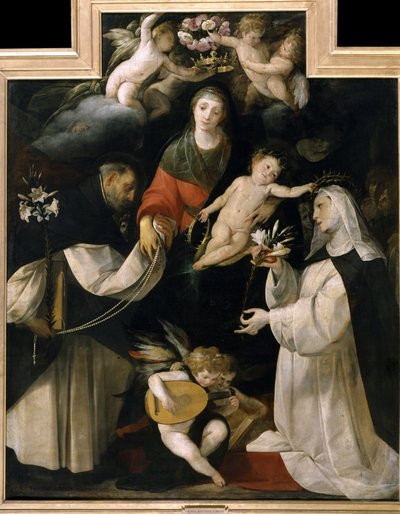 Rukousnauhan Madonna (Madonna del Rosario). Neitsyen päähän on asetettu ruususeppele, ja kaksi pyhimystä ojentaa hänelle valkoisia liljoja, ruusukkeita ja sydämiä, jotka symboloivat uskoa. Giovan (Giovanni) Battista Crespin maalaus, joka tunnetaan nimellä  tekijältä Giovanni Battista (1567-1633) Crespi