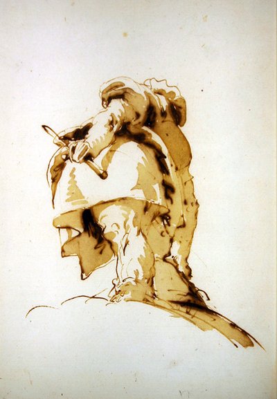 Seisova mies takaapäin, pamppu kädessä ja säkkiä kohti kurottaen (kynä ja ruskea muste, ruskea pesu paperille). tekijältä Giovanni Battista Tiepolo