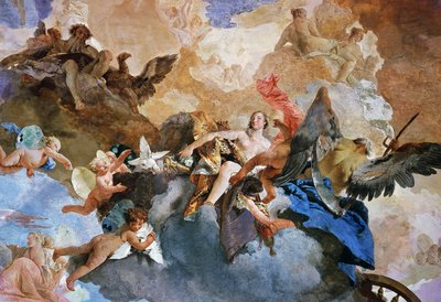 Kronoksen Venuksen kidnappaus, yksityiskohta auringon vaunujen kulusta, Giambattista Tiepolon (1696-1770) fresko, Gobeliinigalleria, Palazzo Clerici, Milano, Lombardia, Italia. tekijältä Giovanni Battista Tiepolo