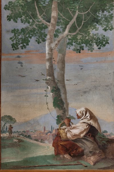 Vella pagesa amb una cistella d
