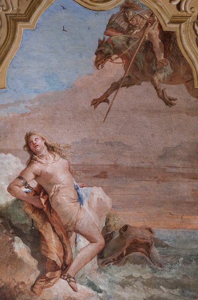 Palazzina (pieni rakennus): Arioston toinen huone tai huone freskoilla, jotka edustavat jaksoja "Orlando Furiososta": "Ruggiero pelastamassa Angelicaa merihirviöstä" tekijältä Giovanni Battista Tiepolo
