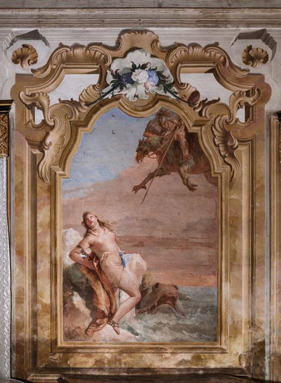 Palazzina (pieni rakennus): Arioston toinen huone tai huone freskoilla, jotka edustavat jaksoja "Orlando Furiososta": "Ruggiero pelastamassa Angelicaa merihirviöstä" tekijältä Giovanni Battista Tiepolo