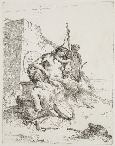 Satyr-perhe obeliskin kanssa, Venetsia, n.1765 (etsaus) tekijältä Giovanni Battista Tiepolo