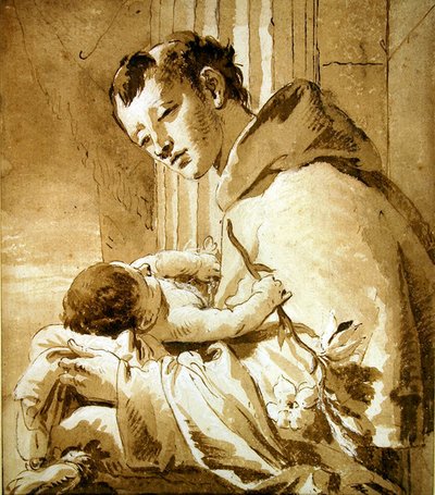 St. Anthony Holding the Christ Child (kynä, ruskea muste & pesu) tekijältä Giovanni Battista Tiepolo