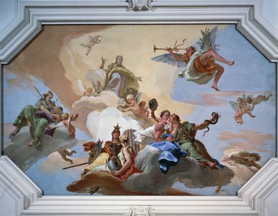 Triumph of Glory julkisti Famen, joka seisoo kardinaalihyveiden joukossa tekijältä Giovanni Battista Tiepolo
