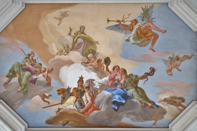 Triumph of Glory julkisti Famen, joka seisoo kardinaalihyveiden joukossa tekijältä Giovanni Battista Tiepolo