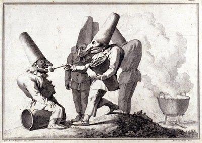Pulcinella-ryhmä (italialainen Polichinelle). Giovanni Battista (Giambattista) Tiepolon (1696-1770) piirustus kynällä ja pesu lyijykynällä. tekijältä Giovanni Battista Tiepolo