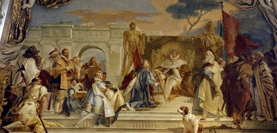 Hohenstaufenin Frederic I:n (1122-1190) Eveque Aroldon insituutio ja Frederic Barberousse, Saksan kuningas, ja Giovanni Battista (Giambattista) Tiepolon (1696-1770) germaaninen keisari Fresco. 1700-luvun Wurzburgin palatsi (Würzburg) Saksa tekijältä Giovanni Battista Tiepolo