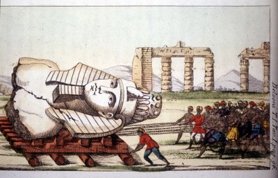Belzonin kuljettaa Memnonin rintakuva Niilin rannalla. Giovanni Battista (Gianbattista) Belzoni (1778-1823), italialainen tutkimusmatkailija ja arkeologi, on tehnyt tärkeitä arkeologisia löytöjä Egyptissä. Kaiverrus - "" Viaggio in Egitto e tekijältä Giovanni Battista (after) Belzoni