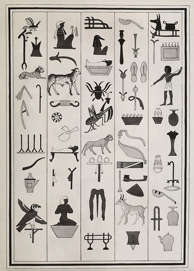 Piirustukset farao Psammetic I:n haudan sisältä olevista koristeista, Giovanni Battista Belzonin vuonna 1817 jäljentämä, Lontoon British Museumissa tekijältä Giovanni Battista Belzoni