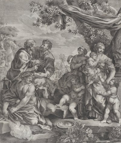 Allegorinen kohtaus uhrilampaalla, 1640-70. tekijältä Giovanni Battista Bonacina
