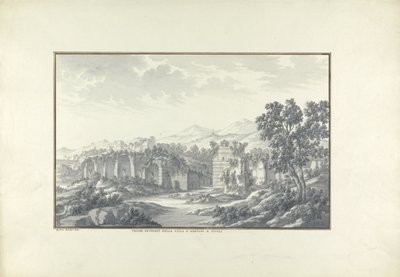 Näkymä raunioituneille kylpylöille Hadriansin huvilassa Tivolissa, n. 1750 tekijältä Giovanni Battista Borra