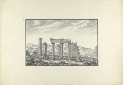 Näkymä ionialaisen temppelin raunioista Sardisissa, luultavasti Neptunuksen temppelissä, n. 1750 (harmaa pesuaine, kynä ja muste ja lyijykynä paperilla) tekijältä Giovanni Battista Borra