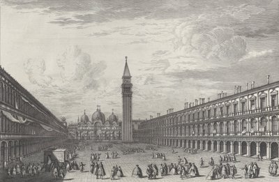 Piazza San Marco katselee kohti basilikaa ja Campanilea, 1763, 1763. tekijältä Giovanni Battista Brostoloni
