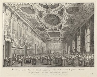 Doge palauttaa kiitosta Sala del Consiglio Maggiorissa, 17631766. tekijältä Giovanni Battista Brostoloni