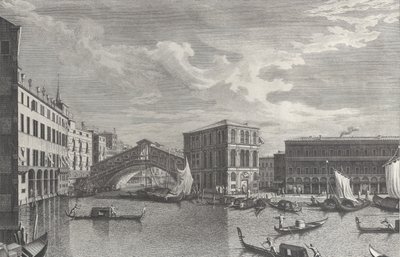 Rialton silta, Venetsia, veneitä ja gondoleja vedessä, 1763. tekijältä Giovanni Battista Brostoloni