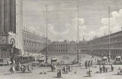 Näkymä Piazza San Marcolle, jossa San Geminianon kirkko toisessa päässä ja hahmoja ja..., 1763. tekijältä Giovanni Battista Brostoloni
