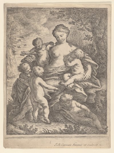Hyväntekeväisyys, istuu maisemassa viiden alaston lapsen ympäröimänä, 1692-1727. tekijältä Giovanni Battista Catenaro
