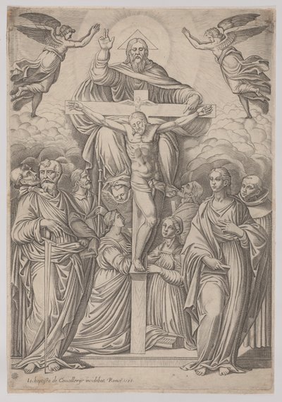Kolminaisuus, ristiinnaulitseminen keskellä ja pyhät molemmilla puolilla, 1586. tekijältä Giovanni Battista Cavalieri