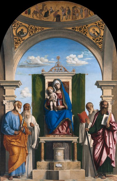 Kruunattu Madonna ja lapsi sekä Pietari, Romualdus, Benedictus ja Paavali. tekijältä Giovanni Battista Cima da Conegliano