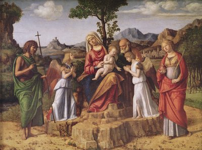 Pyhä keskustelu (Pyhä perhe enkelien ympäröimänä, Saint Lucy ja Pyhä Johannes Kastaja), pysähtyminen ennen lentoa Egyptiin, n. 1490 tekijältä Giovanni Battista Cima da Conegliano