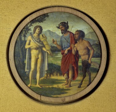 Kosketinsoittimen suojus, jossa Apollo (lyyra) ja Marsyasta kuvaava kuva tekijältä Giovanni Battista Cima da Conegliano