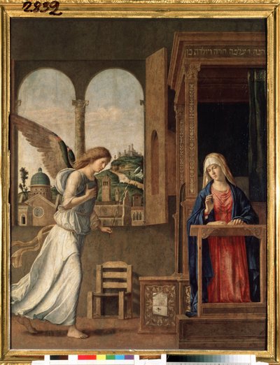 ""The Annunciation"" (The Annunciation) Giovanni Battista Cima da Coneglianon (noin 1459-1517) maalaus 1495 Koko 136x107 cm Pietari, Eremitaašimuseo tekijältä Giovanni Battista Cima da Conegliano